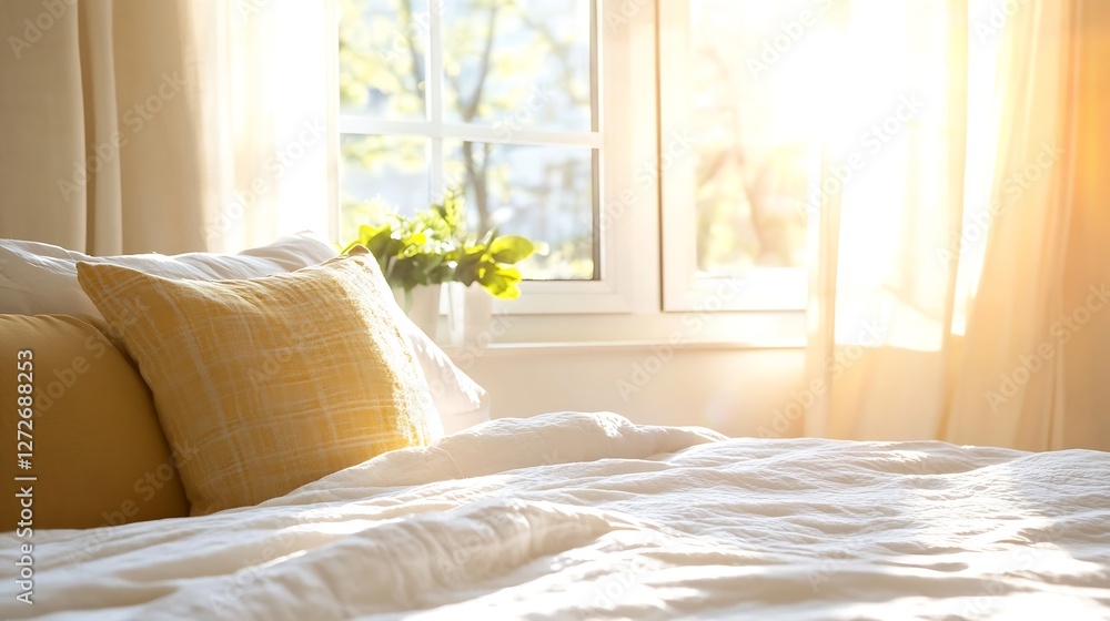 Poster bright and cozy bedroom with sunlight streaming through windows and soft textiles : generative ai