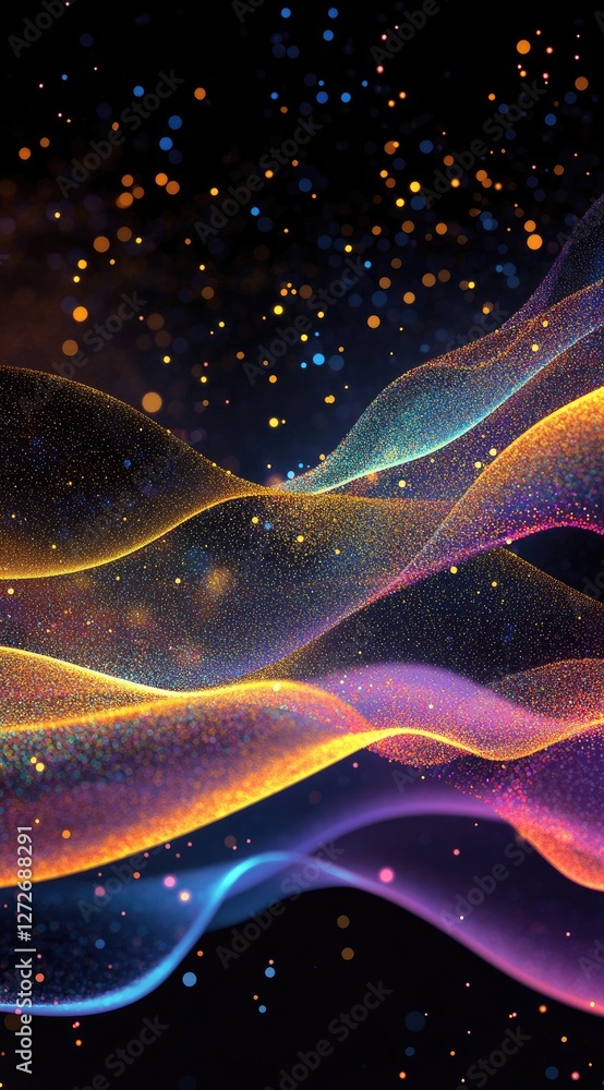 Poster abstract glowing waves on a dark background with glittering particles