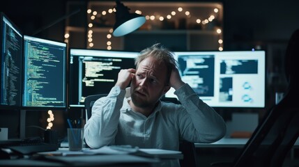 A frustrated developer in a sleek office environment, battling coding bugs. Featuring multiple monitors filled with error logs