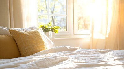 Bright and Cozy Bedroom with Sunlight Streaming Through Windows and Soft Textiles : Generative AI