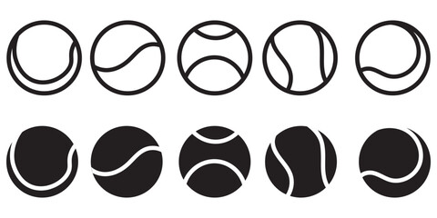 Tennis ball in different designs. Black Tennis ball. Sport concept. Vector illustration