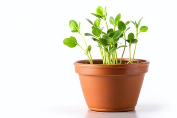 Fototapeta premium Vibrant Green Pea Sprout in Pot, Isolated White Background - Fresh Spring Growth