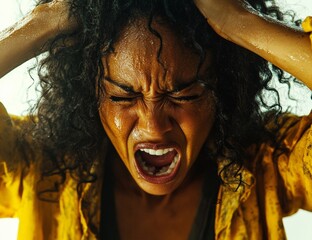 Emotional release moment closeup of a black woman angry and screaming