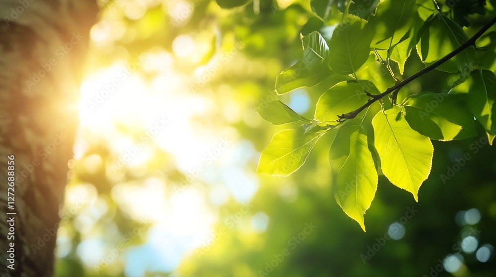 Poster sunlight filtering through fresh green leaves in tranquil nature scene : generative ai