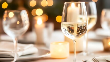 Elegant Table Setting with Wine Glasses and Candles for Romantic Dinner Celebration : Generative AI