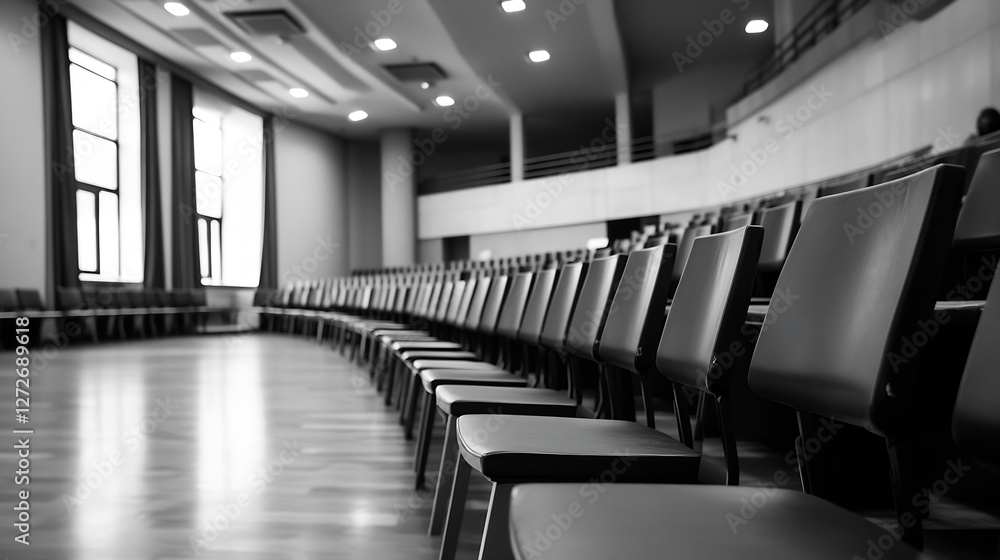 Poster Black and White Photo of Rows of Empty Chairs in a Modern Auditorium : Generative AI