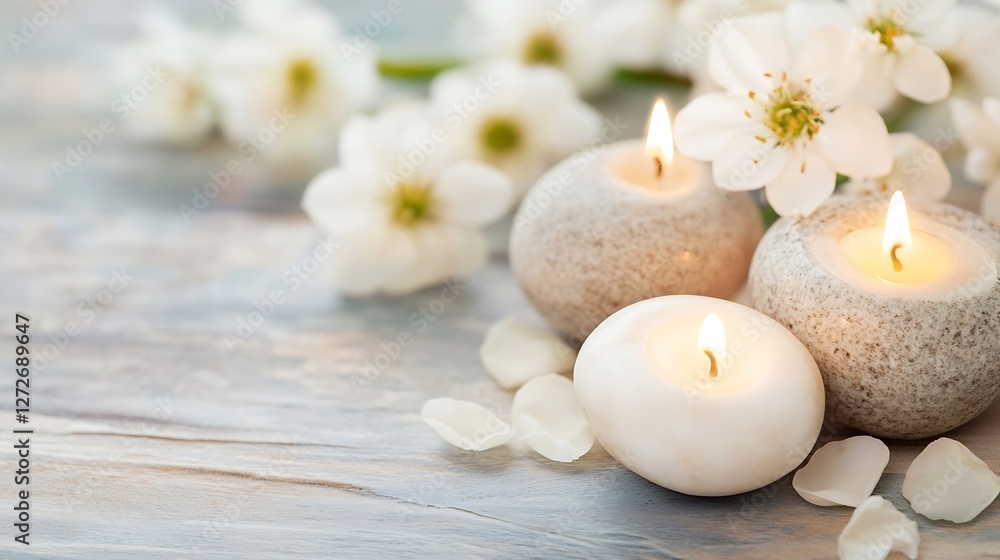 Aufkleber calming arrangement of candles and white flowers on soft background : generative ai
