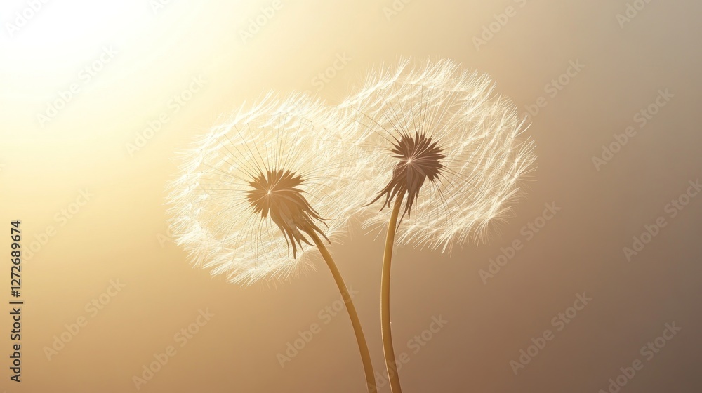 Poster two dandelion flowers illuminated by soft sunlight, creating a serene and delicate atmosphere.