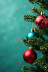 Naklejka premium Multicolored ornaments hang from a teal tree branch, Christmas tree, Christmas decor, ornaments