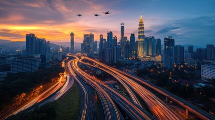 Obraz premium Kuala Lumpur Skyline at Sunset with Drones and Traffic