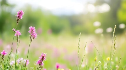 Delicate Wildflowers Blooming in a Lush Green Meadow Under Soft Sunlight : Generative AI