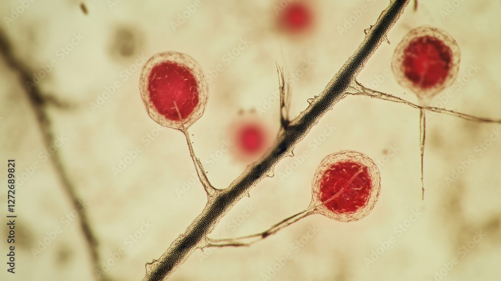 Poster microscopic view of red spherical cells on a branch-like structure.