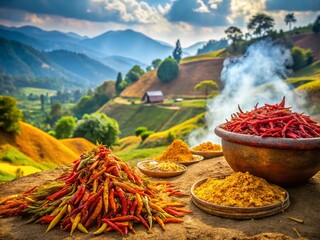 Fototapeta premium Vibrant Indian Food Landscape: Spices, Fields, and Culinary Heritage
