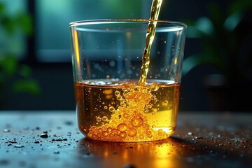 Oil droplets sinking to the bottom of a container filled with water, buoyancy, container