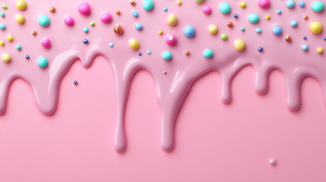 Pink icing with colorful sprinkles dripping on pink background.