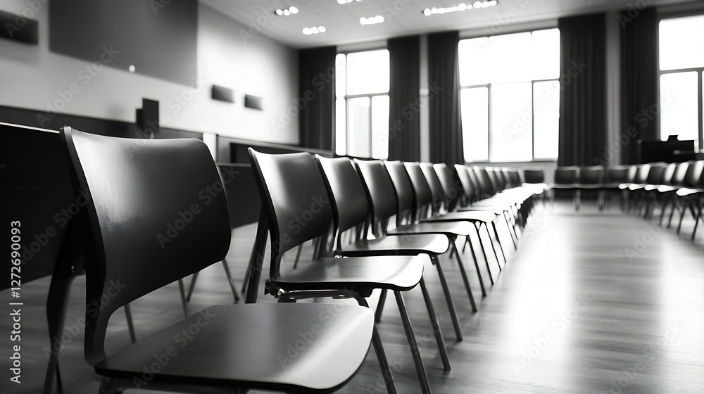 Poster Empty Conference Room with Black Chairs and Large Windows Bathed in Natural Light : Generative AI