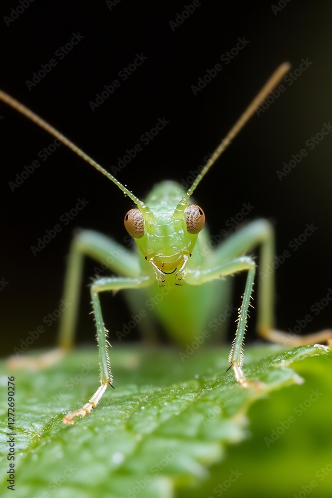 Aufkleber macro shot of a vibrant green grasshopper perched on a leaf showcasing intricate details : generativ