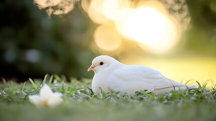 Obraz premium Beautiful White Dove Nesting on Grass with Soft Golden Background : Generative AI