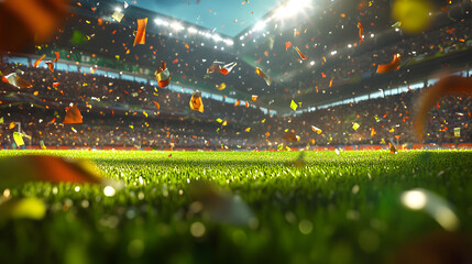Soccer field with stadium lights and confetti during a match.

