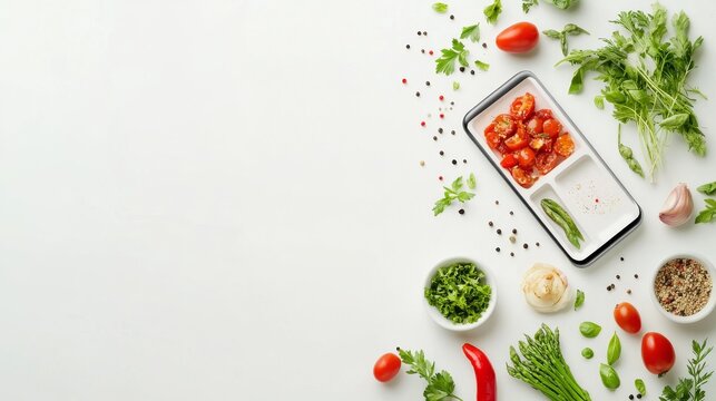 A smartphone showing a recipe app with vegetarian meals. Featuring healthy eating