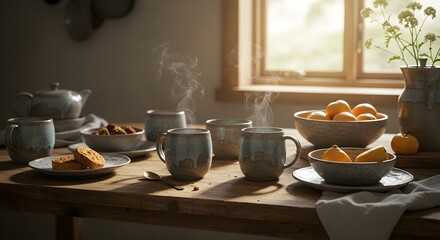 Cozy breakfast table with steaming cups, pastries, and oranges in rustic setting. Warm morning light through window. Hygge lifestyle concept for slow living and comfort.