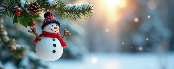 Obraz premium Snowman ornament hanging from branch with pinecones and holly, frosty colors, holly branches, snowy landscape