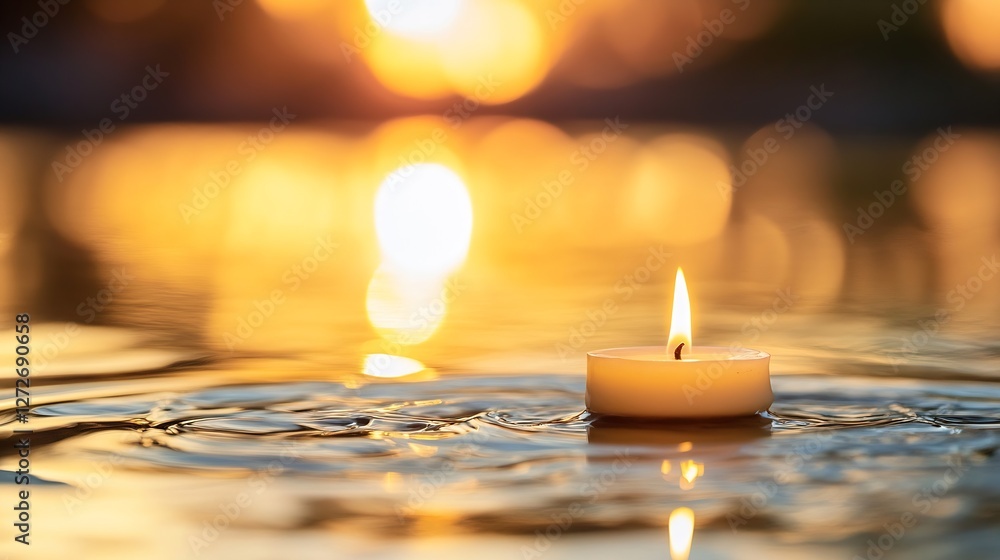 Poster Beautiful Candle Floating on Water at Sunset Creating a Calm and Serene Atmosphere : Generative AI