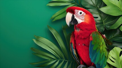 Vibrant Red Macaw Perched Among Lush Green Tropical Leaves