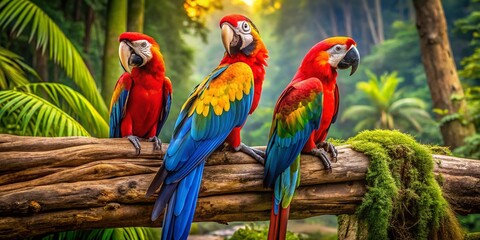 Obraz premium Vibrant Macaws Perched on a Weathered Log in Lush Rainforest