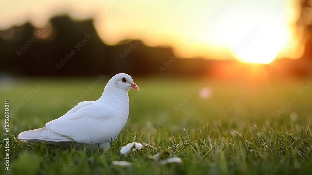 Poster beautiful white dove in sunset setting on a green lawn : generative ai