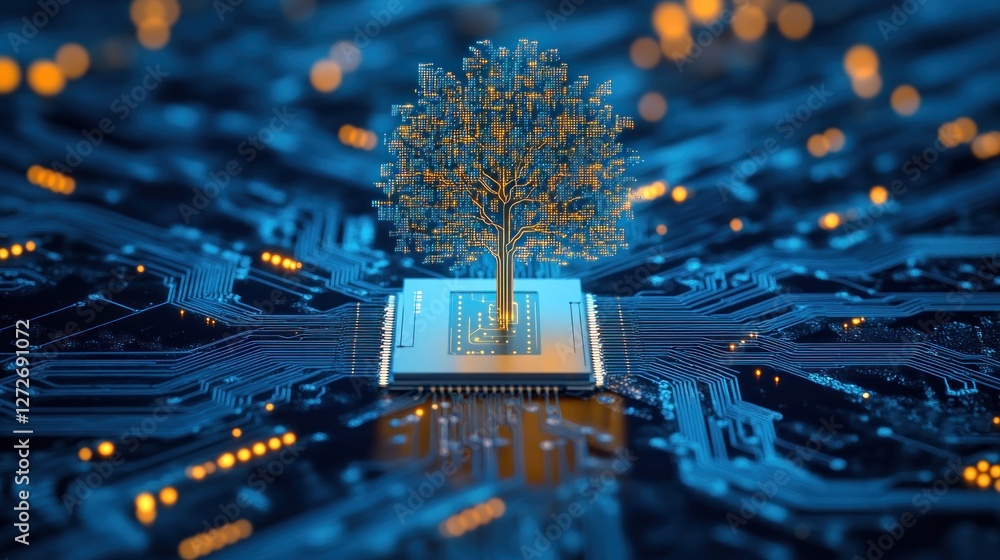 Poster a tree grows from a microchip, symbolizing the fusion of nature and technology.