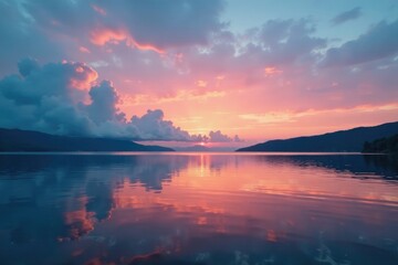 Naklejka premium Softly glowing clouds above a peaceful lake at evening, nature, calm, water