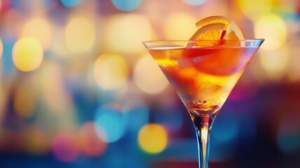 A vibrant cocktail in a glass, garnished with an orange slice, set against a colorful bokeh background.