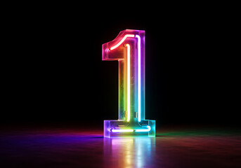 Vibrant Rainbow Neon Number One Glowing in Dark Studio Setting