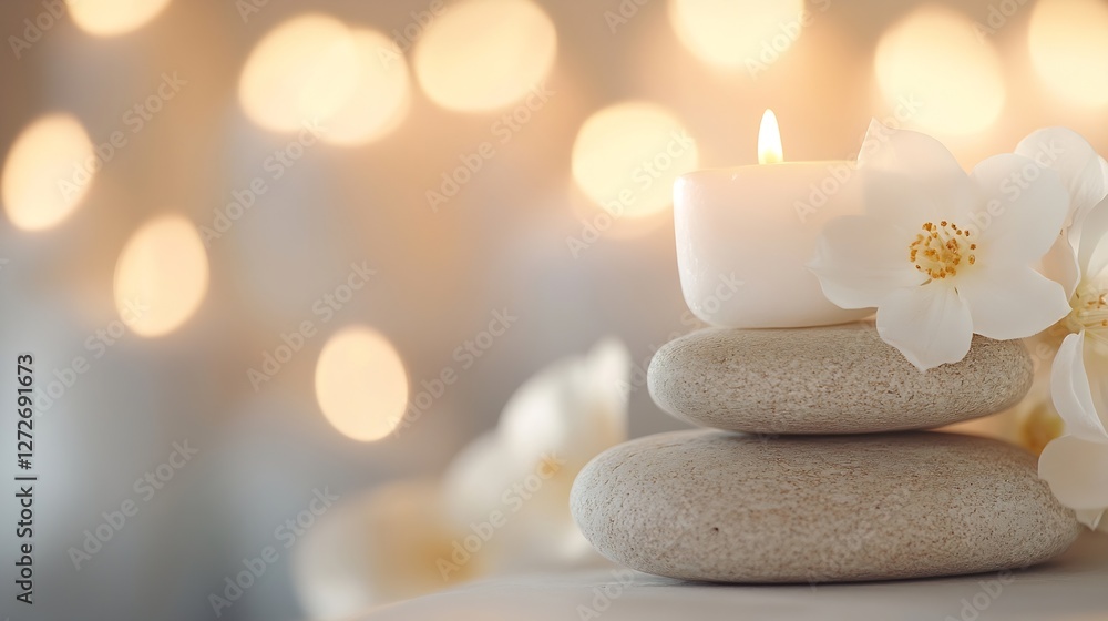 Poster relaxing candle on stacked stones with white flower in soft focus background : generative ai