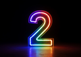 Vibrant Rainbow Neon Number Two Glowing in the Dark Studio Shot