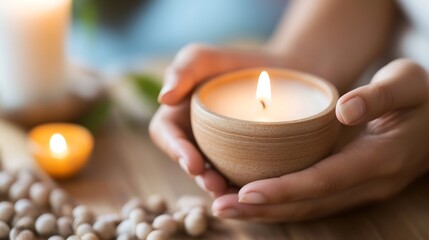 Serene Candle Light Relaxation Scene With Cozy Hands Holding Scented Candle in Natural Setting : Generative AI