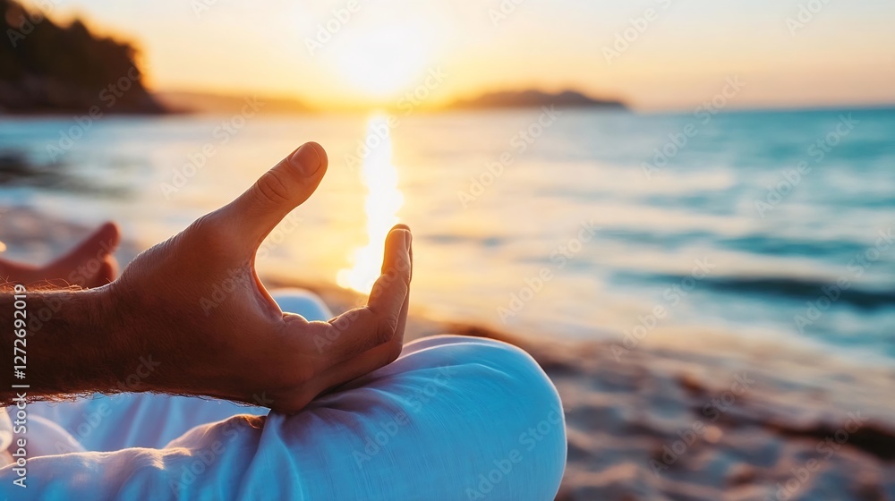 Poster meditative practice at sunset on a serene beach with ocean waves : generative ai