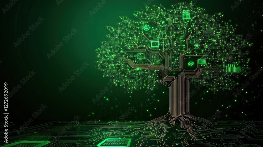 Poster a digital tree with circuit patterns, symbolizing technology and growth.