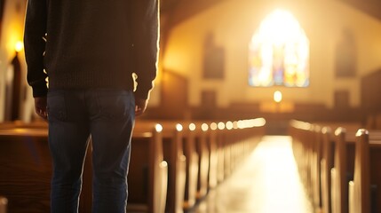 Silhouette of a man standing in a church illuminated by rays of light through stained glass window : Generative AI
