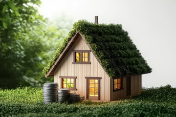 Fototapeta premium Eco friendly house with green roof and coins, symbolizing energy efficiency