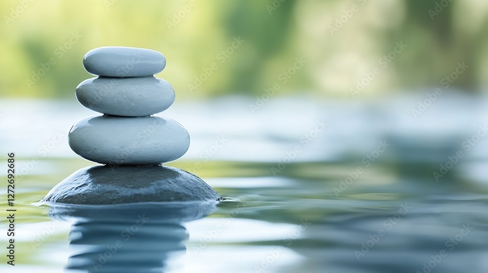 Poster serene stacked stones on calm water surface evoking tranquility and balance in nature : generative a