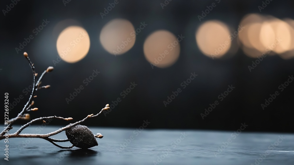 Aufkleber Delicate Stick with Acorn and Blurred Bokeh Lights in Soft Focus Background for Nature and Minimalist Photography : Generative AI