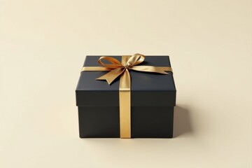 A luxuriously wrapped dark-colored present with a golden ribbon, a sophisticated gift box ideal for celebrations or special occasions.