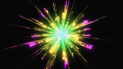 Abstract Explosion of Color and Light: A vibrant abstract representation of an explosion, featuring a central burst of light radiating outwards in colorful rays against a black background. 