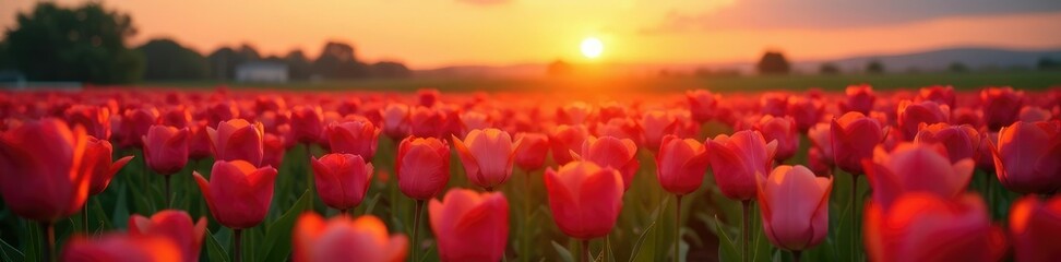 Softly glowing sunset casts warm light on tulip fields, flowers, nature
