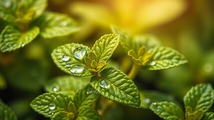 Close-Up of Fresh Green Mint Leaves with Water Droplets Glistening in Soft Light