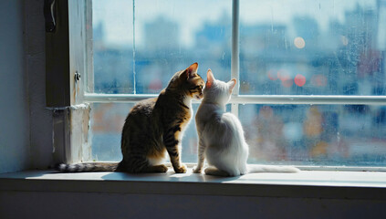 Naklejka na ściany i meble Cozy Companions: Two cats share a tender moment by a sunlit window, the cityscape shimmering softly in the background, evoking warmth and affection.