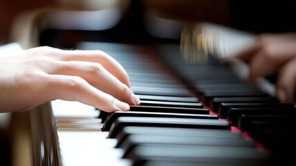 Obraz premium Elegant Hand Playing Piano Keys Capturing the Essence of Music : Generative AI
