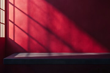 Obraz premium Wooden table in room with red wall and sunlight.